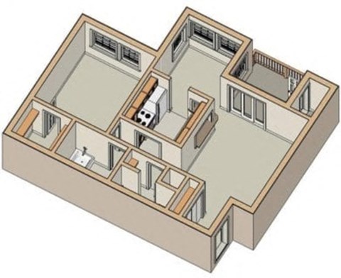 a drawing of a house with a kitchen and a living room